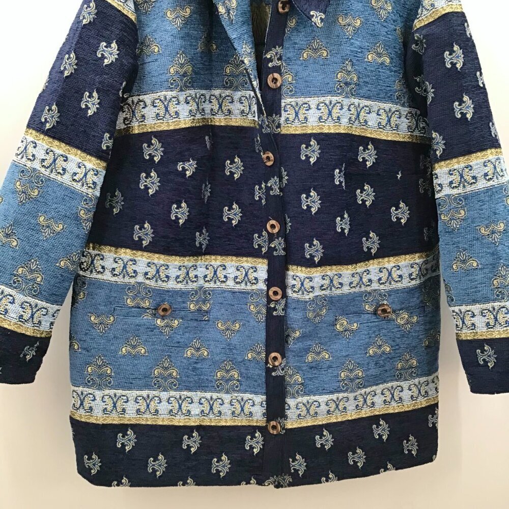 Women's Tapestry Jacket Coat 16W Blue Gold Chenille Brocade Woven Art To Wear - Picture 6 of 10